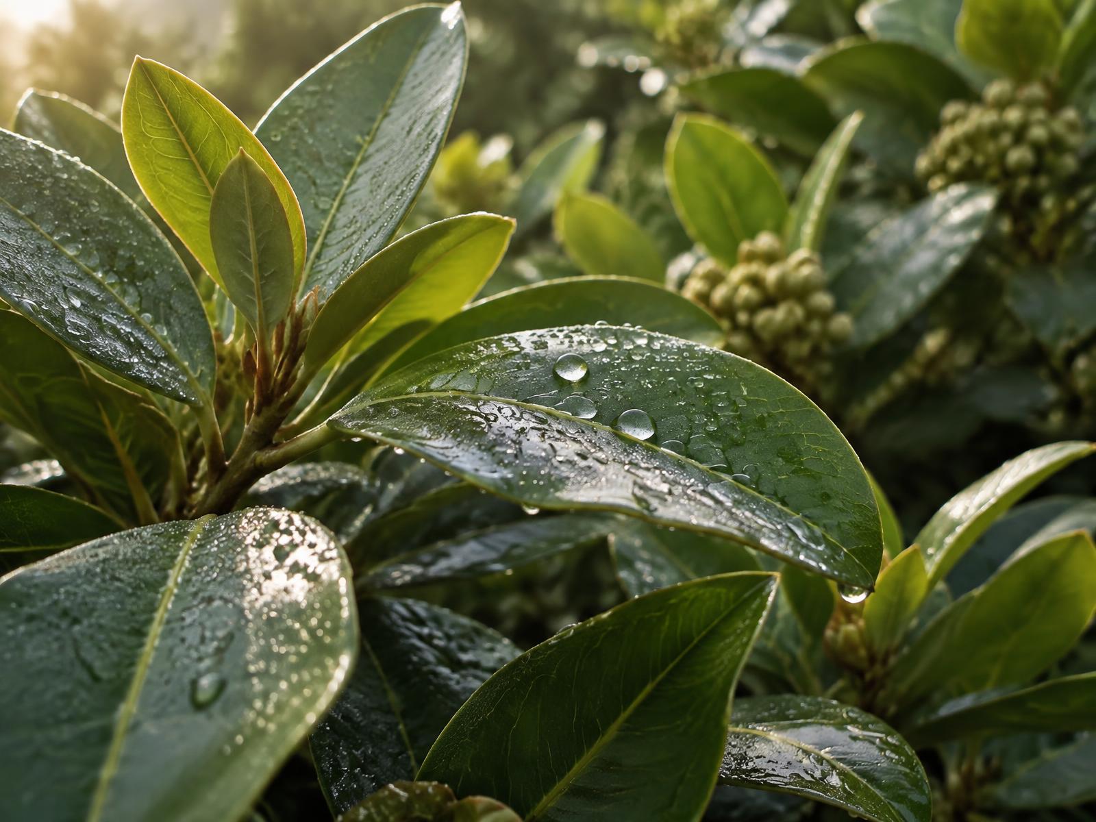 Close-up of fresh green native leaves with morning dew